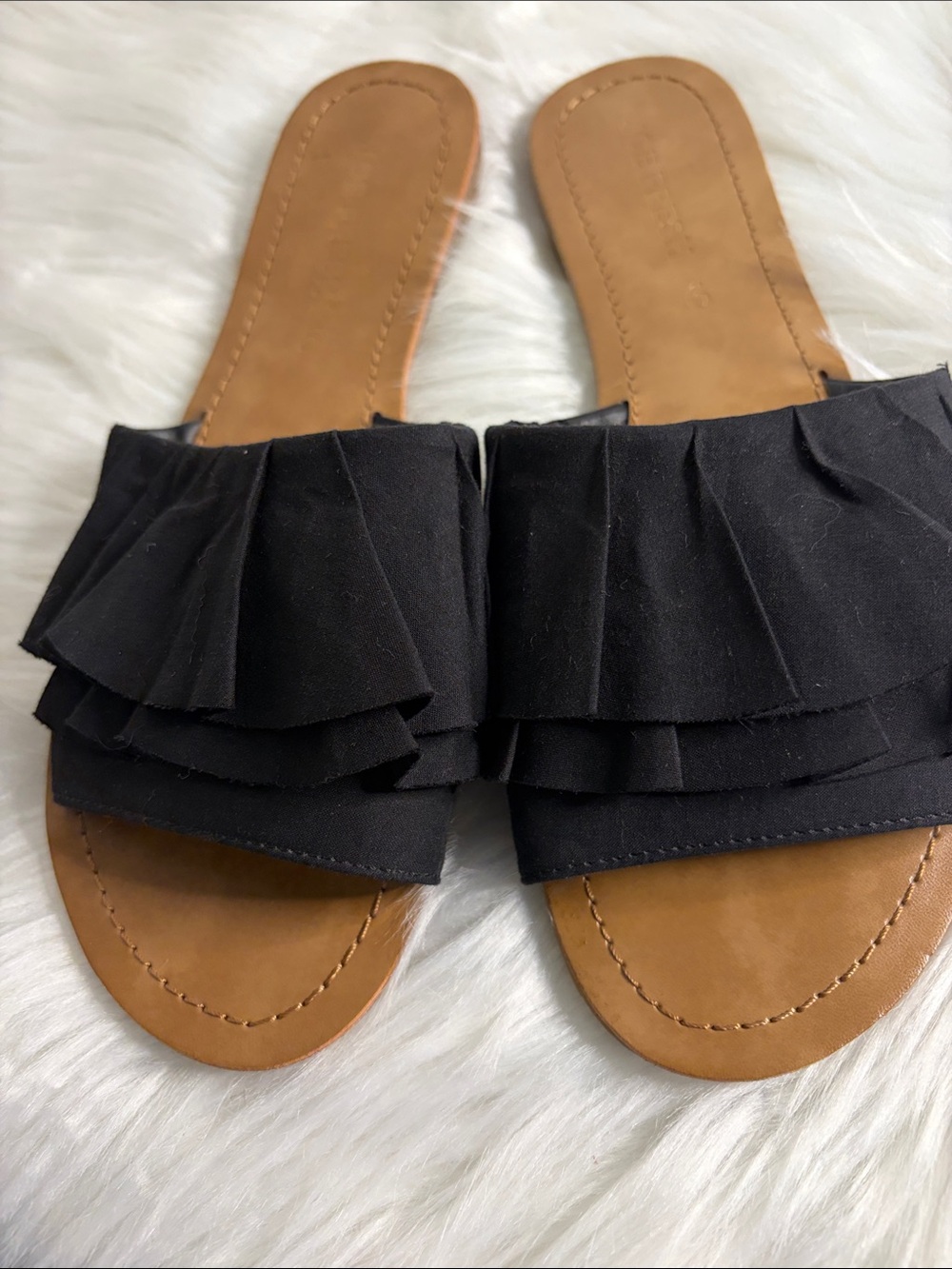 Joe Fresh Black Ruffle Slide Sandals with Tan Footbed